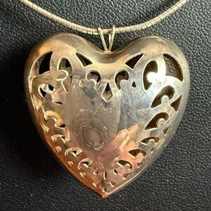 Vintage  925 Lacey Puffy Heart  Pendant w/ 925 Omega Chain
